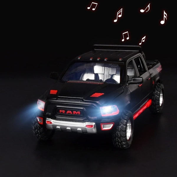 RAM 1500 lava-autolelut pojille 4-7-vuotiaille, painevalettu metallimalliautot, avattavat ovet, vetämällä taaksepäin -leluautot valoilla ja äänillä, musta