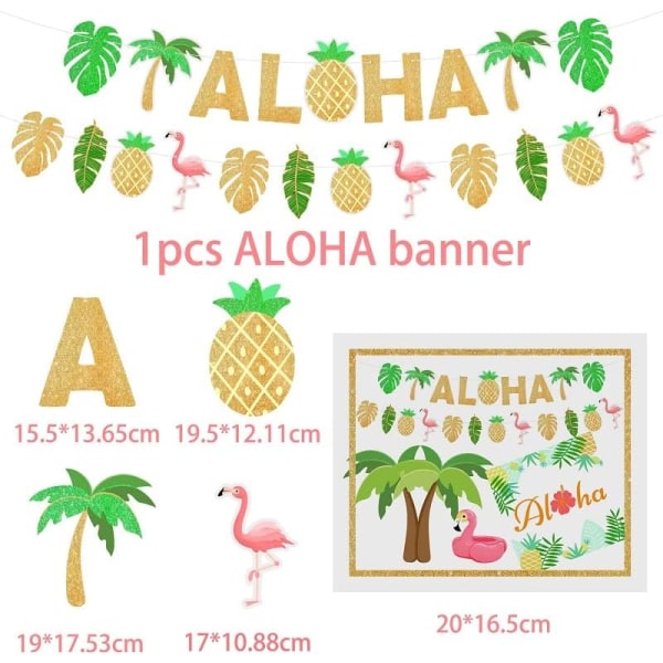 Havaijin Luau-juhlan koristesetti, kultaiset kimaltelevat Aloha-bannerit, ananaksen trooppiset lehdet Flamingo-ilmapallot