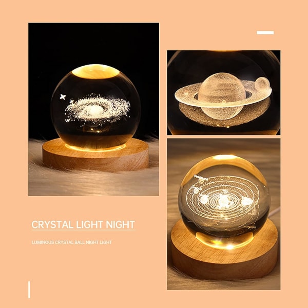 3D krystalkugle natlys til børn, med træbase, fantasidekoration, LED krystalkugle, galakse, planet, gave, værelsesindretning, B