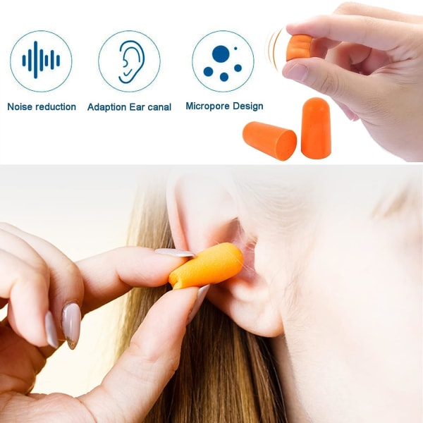 Par öronproppar, öronproppar i mjukt skum, bekväma att bära, hörselskyddsbollar Återanvändbara hörselskydd för sömn, arbete, resor, läsning (orange)