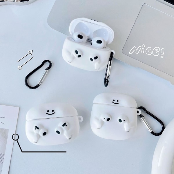 Kompatibel med AirPods-etui i myk silikon med søtt 3D-morsomt tegneserie-design Støtsikker nøkkelringdeksel for jenter Kvinne Airpods 3 - Hvit