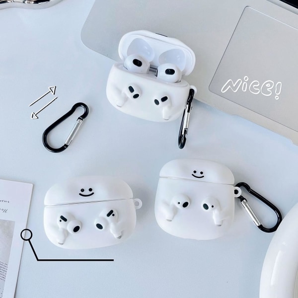 Yhteensopiva AirPods- case kanssa, pehmeä silikoni, jossa on söpö 3D Funny Cartoon Design Iskunkestävä avaimenperän cover tytöille, nainen Airpods 2 & 1-White