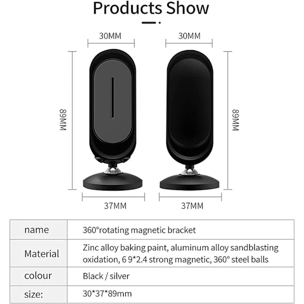 Biltelefonhållare 360° Justerbar Instrumentpanel Universell Magnetisk Telefon GPS Navigation Bank Biltillbehör 2st (Färg: Silver)
