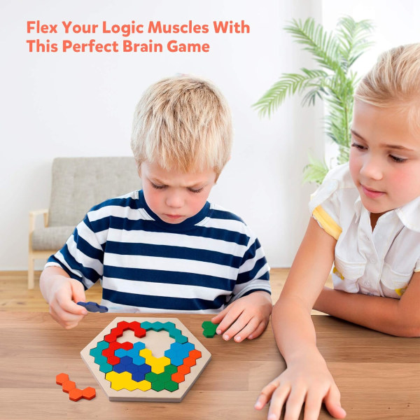Puinen kuusikulmainen palapeli lapsille aikuisille - muotokuviolohko Tangram-aivohousulelu Geometria Logic IQ -peli STEM Montessori -opetuslahja
