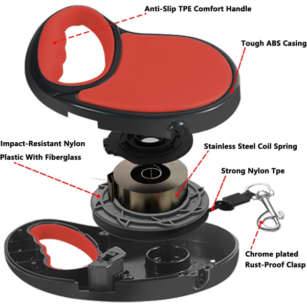 Retractable-koiranhihna, 16 jalkaa [vahva nailonnauha] 360° sotkeutumaton pienille ja keskisuurille koirille, enintään 30 paunaa, yksikätijarru, tauko, lukko (punainen)