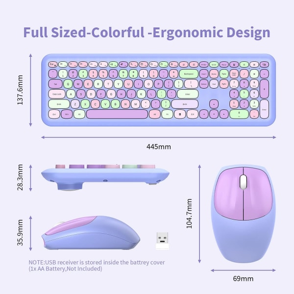 Trådlöst tangentbord och mus-kombo, 2,4 GHz fullstort färgglatt sött tangentbord och mus-set med retro skrivmaskin flexibla runda tangenter lila färgglatt