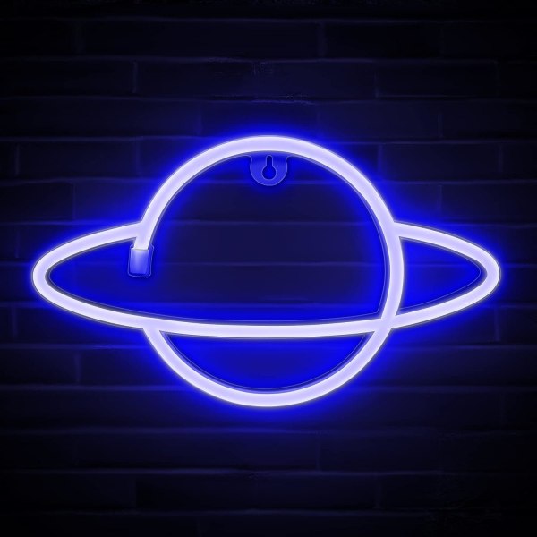 Planet Neon Light - Cool Blue Planet Led-skilt for veggdekor - Hengende Saturn LED-lys - Planet Lights for soverom, spillrom (blå)