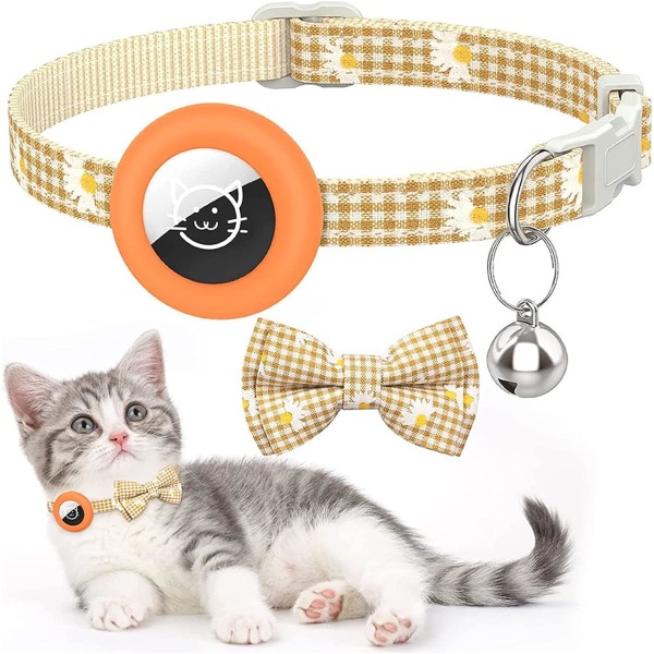 stk Airtag-kattehalsbånd med klokke, justerbart killingehalsbånd med vandtæt holder Kompatibel med Airtag Bowknot Design kæledyrsartikler - Orange