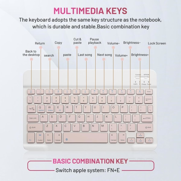 Bluetooth tastatur og mus combo genopladelig bærbar trådløs tastatur mus sæt til iPad tablet Windows (10 tommer pink)