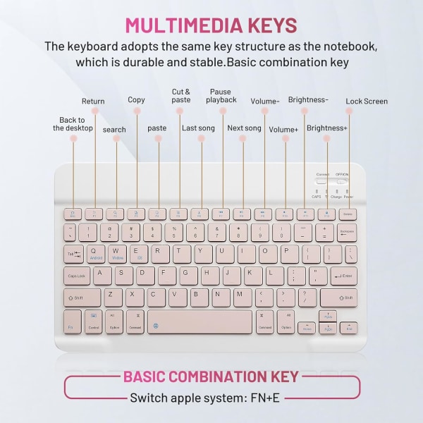 Bluetooth tastatur og mus Combo Oppladbart bærbart trådløst tastatur Musesett for iPad Tablet Windows (10 tommer rosa)