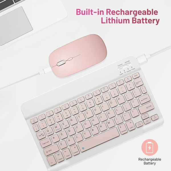 Bluetooth tastatur og mus combo genopladelig bærbar trådløs tastatur mus sæt til iPad tablet Windows (10 tommer pink)