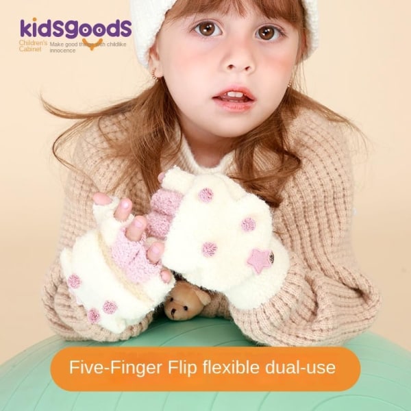 Varma barnhandskar uppfällbara julhalvfingerhandskar med sammet och förtjockning för grundskoleelever,rosa gröna,1par