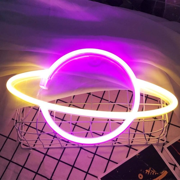 Neon skylt - planet/Neonljus för sovrum | Neon skyltar för väggdekor Ljus upp för födelsedag Bröllopsfest Julrumsdekorationer (Rosa & Gul)