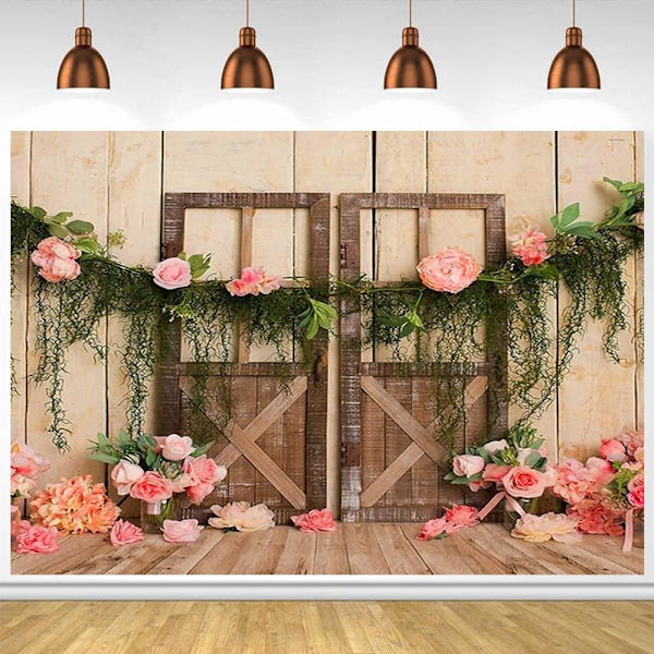 Nyfödd bebis babyshower bakgrund trä dörr fotografering bakgrund rosa blomma fotostudio rekvisita för babyflicka födelsedagsfest dekor affisch 7x5FT