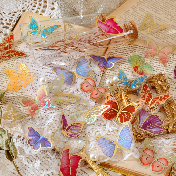 Fairy guldfolie holografiske klistermærker (120 4 temaer) harpiks gennemsigtig vandtæt sommerfugl blomst retro brev klistermærker scrapbog bullet notesbog