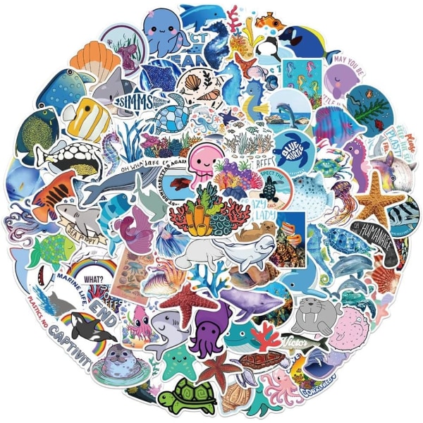 Ocean World Stickers of 100 Vinyl Decal Merchandise Laptop-klistremerker for bærbare datamaskiner, datamaskiner, vannflasker, skateboard og reiseveske