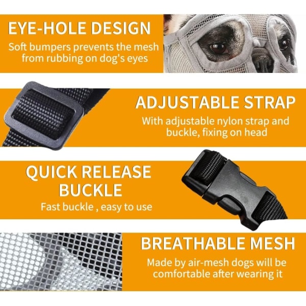 Kort snude hundemundkurv - Justerbar åndbar mesh bulldog mundkurv til bidende tygge slikke pleje hundemaske, grå, S