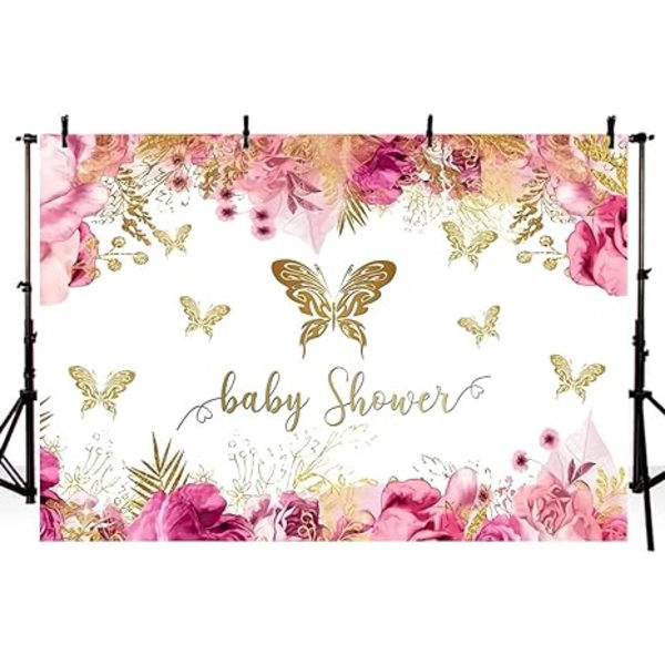 5x3ft Fairy Gold Butterfly Baby Shower Taustakangas Juhlatila Dekoraatio Banneri Prinsessa Pinkki Violetti Kukka Kulta Perhonen Valokuvaus Tausta Banneri