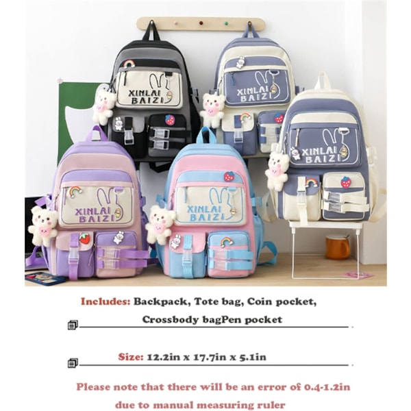 5 kpl söpö reppu combo setti Kawaii koulu esteettinen reppu kani koululaukku setti riipus pinsseillä tarvikkeet tytöille teini takaisin kouluun-violetti