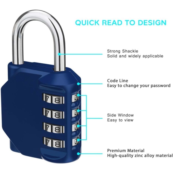 Locker Code Hänglås, 4-siffrigt kodlås hänglås på omklädningsrum Sport, skola, college, hänglås med kod för grind, skjul (2 delar, blå)