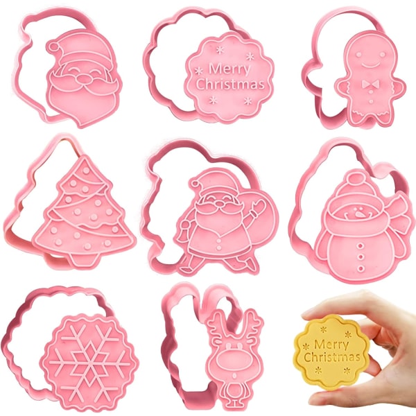 Set med 8 julkaksformar, 3D-kakformar i plast, form för barn, form med pusher (rosa)
