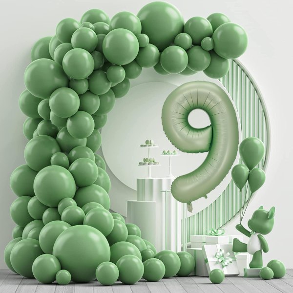 Numero 9 ilmapallo, suuri numero ilmapalloja 40 tuumaa, 9. syntymäpäiväjuhlakoristeet yhdeksännen vuoden syntymäpäiväkylttisisustus, Sage Green