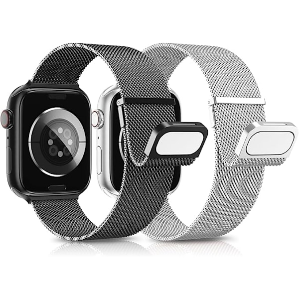 2 Stycken Armband Kompatibla med Apple Watch Armband, Dubbel Magnet Justerbart Rostfritt Stål Metall Kompatibelt med iWatch Armband Se Ultra Serien Silver + Black 42/44/45/49mm