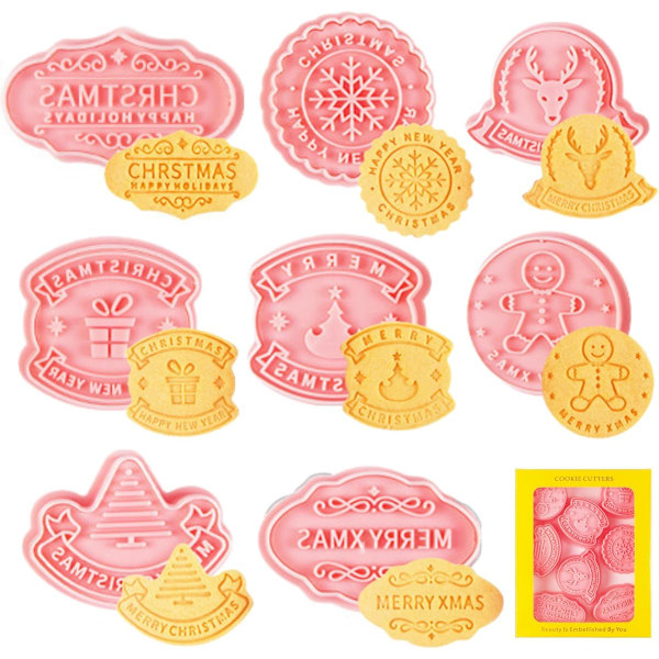 Jul Cookie Cutters Set om 8, Plast Cookie Cutters för Jul, Nyår, Präglad Font för Bakning