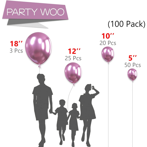 Metalliske rosa ballonger, 100 stk rosa metalliske ballonger i forskjellige størrelser Pakke med 18 tommer 12 tommer 10 tommer 5 tommer for festdekorasjoner