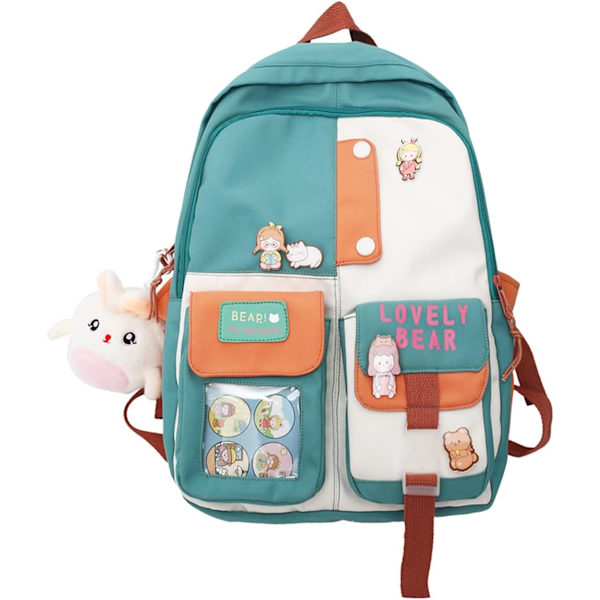 Kawaii Rygsæk til Piger Kvinder Pin Bjørn Tilbehør College High School Bogtaske Letvægts Casual Rejse Laptop Taske-grøn + Orange