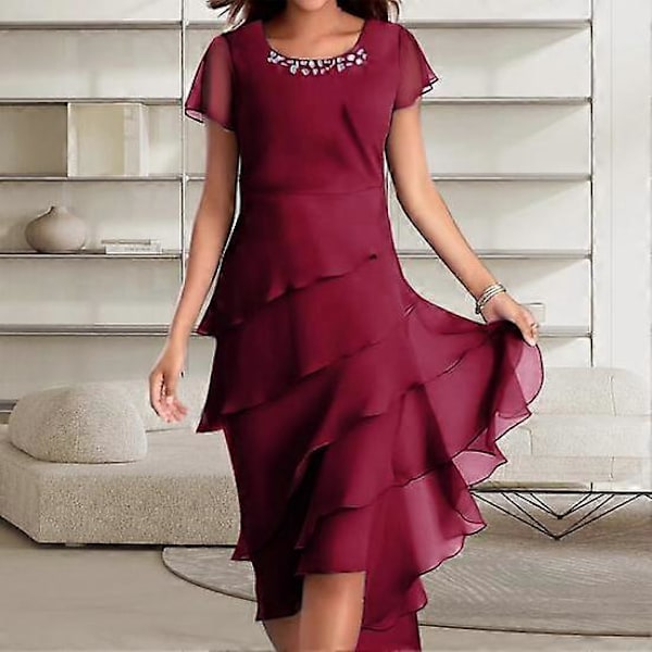 Elegant Damklänning O-ringning Pärlbroderad Kortärmad Midiklänning Lager-på-lager Tårtfåll Flödande Klänning Fest Bröllopsgäst Klänning wine red 3XL