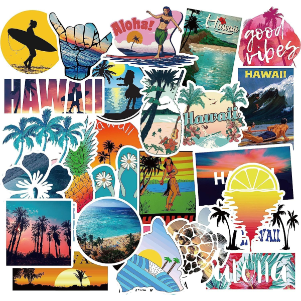 100 stk Vandtæt Hawaii Stickers Pack, Summer Aloha Beach Vinyl Stickers til Bagage Laptop Hydroflask Vandflasker, Hawaii Decals til Teenagere Voksne