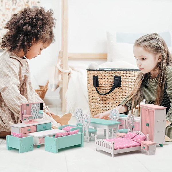 Färgglad trähusdocka möbler set låtsas lek leksaker med trä miniatyr vardagsrum dockhus tillbehör