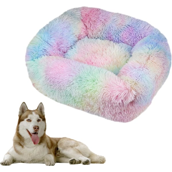 Rektangulær hundekurv, plysj katteseng, vaskbar kattepute, plysj kjæledyrsengpute, egnet varm for høst- og vinterbruk (M, tie-dye)