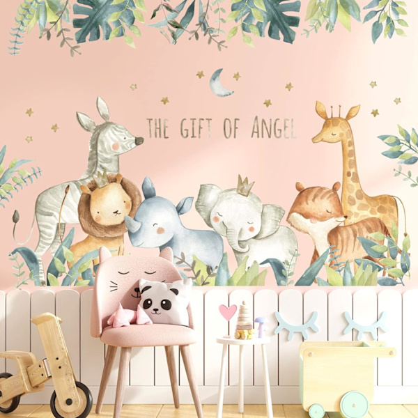 Animals Wall Sticker Grønne Blade Wall Decal Søde Elefant Giraf Zebra Wall Decals Tegneserie Måne Stjerner Wall Mural til Børneværelse Børneværelse