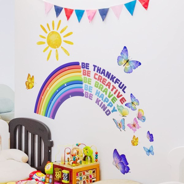 Färgglad regnbågssol med fjärilsväggdekaler Var tacksam Motiverande citat Väggdekaler för barnkammare Lekrum för barn
