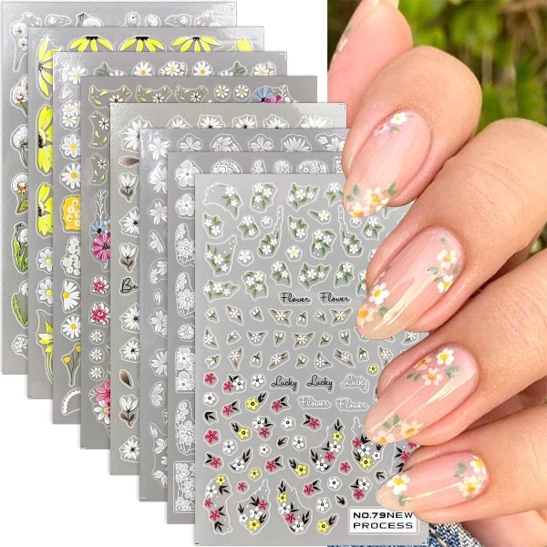 Blomma Nagelklistermärken Nageldekaler Flower Daisy Nail Designs Holiday Nail Stickers för Nail Art Accessoarer 3D självhäftande Nail Art Supplies 8 ark