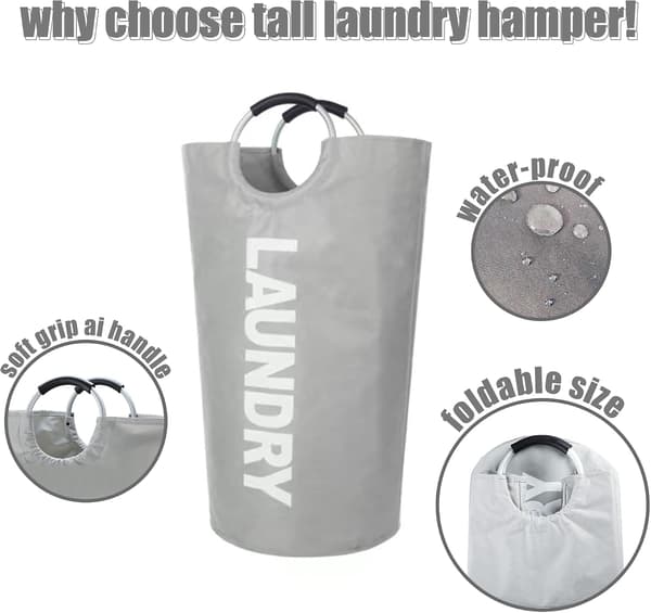 Laundry Bag with Padded Handles, Waterproof Laundry Basket Foldable, Laundry Hamper for Bathroom, Laundry, College light grey