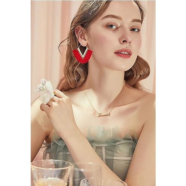 Statement Tassel Øreringe, Delikate Bohemian V-formede Tassel Hoop Øreringe Elegante Frynser Drop Dangle Øreringe til Kvinder Piger