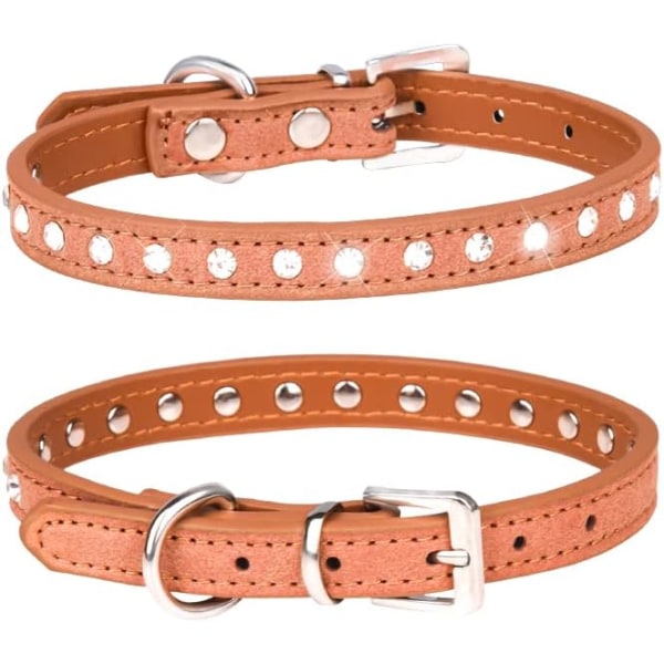 Elegant glittrande mockahalsband med 1 rad strass för liten hundvalp (M, brun)
