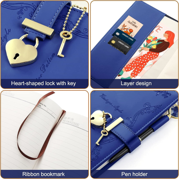 Tjejdagbok med lås och nyckel, söt hjärtformad låsjournal för kvinnor, påfyllningsbar A5 Vintage Secret PU-läder Notebook-present - Marinblå