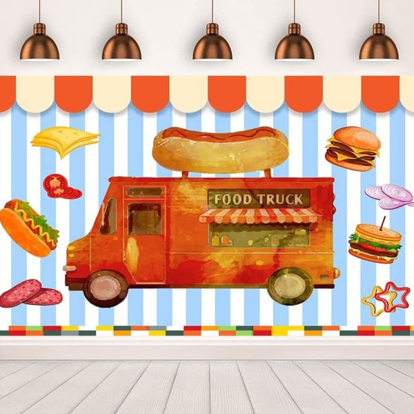 Food Truck Fotografi Bakgrund Burger Hot Dog Ost Skinka Lök Bakgrund Fest Dekorationer Baby Shower Födelsedagstårta Bordsdekorationer Banner