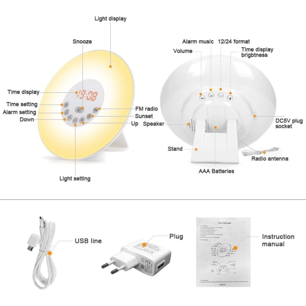 Valaistu herätyskello Radio LED, Lamppu Kosketusohjaus Auringonnousu ja Auringonlasku Simulaatio 10 Valotasoa torkku 6 Luonnonääntä, 7 Väriä Yövalo