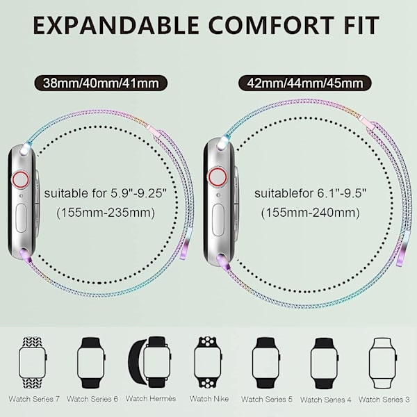 Kvinder og mænd, rustfrit stål mesh loop magnetisk spænde udskiftning til iWatch-remme (41mm/40mm/38mm, regnbue).
