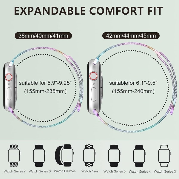 Kvinner og menn, rustfritt stål mesh loop magnetisk spenne erstatning for iWatch-bånd (41mm/40mm/38mm, regnbue).