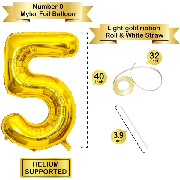 40 tums guld helium mylar folie nummer ballonger, nummer 5 ballong för födelsedagsdekorationer för barn, tillbehör till jubileumsfestdekorationer