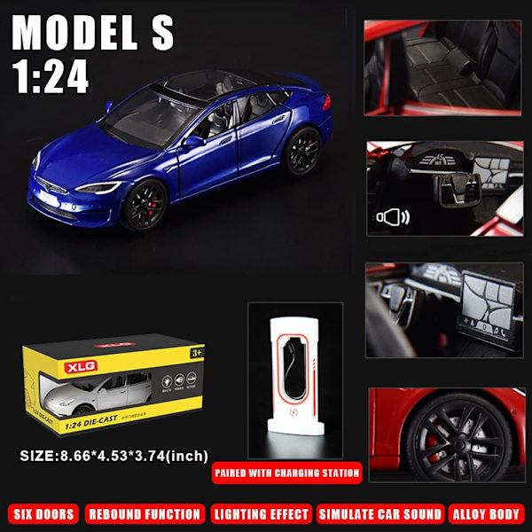 Model S Legetøjsbiler 1/24 Legering Støbt Modelbil, Træk Tilbage Model S Modelbil med Lys og Lyd, Tesla Stor Model S Bilmodel Legetøj Velegnet(Blå)