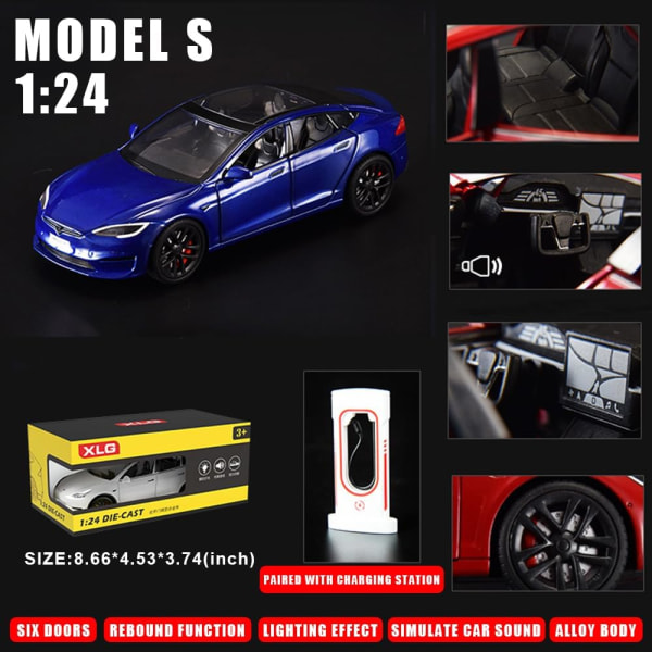 Model S Toy Cars 1/24 Alloy Diecast Model Car, Pull Back Model S Model Car with Light and Sound, Tesla Big Model S Car Model Toy Suitable(Blue)