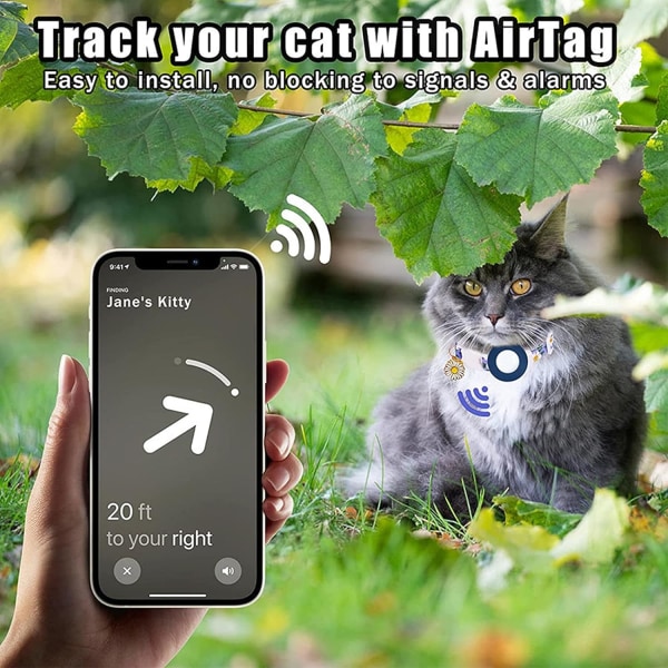 Airtag-kattehalsbånd - Killinghalsbånd med silikoneholder - Letvægts GPS-tracker med klokker og blomsterbetræk blå