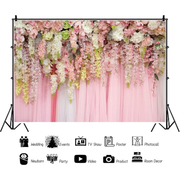 8x6ft Brudebruser Bryllup Baggrund Pink Chiffon Blomster Væg Fotografi Baggrund Vinyl Jubilæum Baby Shower Fødselsdagsfest Dekoration